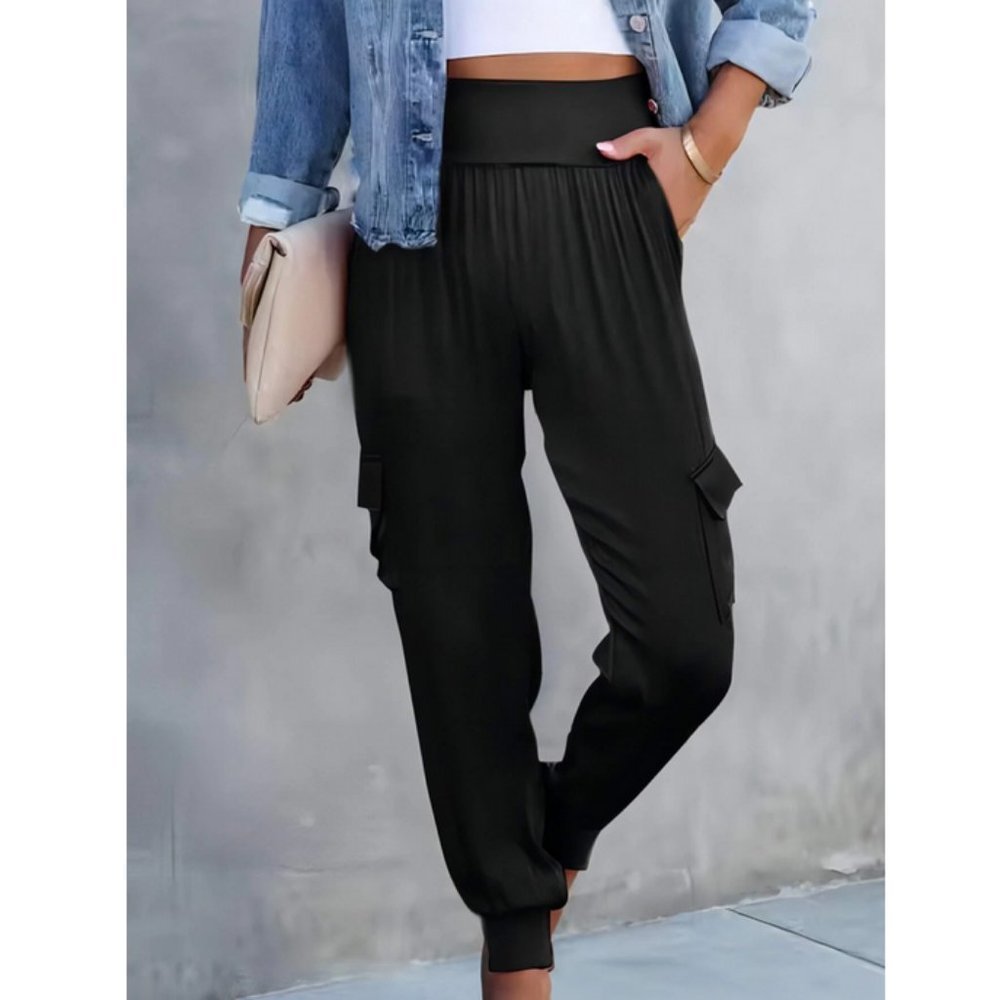 Luxe Look Satin Pocketed High Waist Joggers - Black - Picture 3 of 12